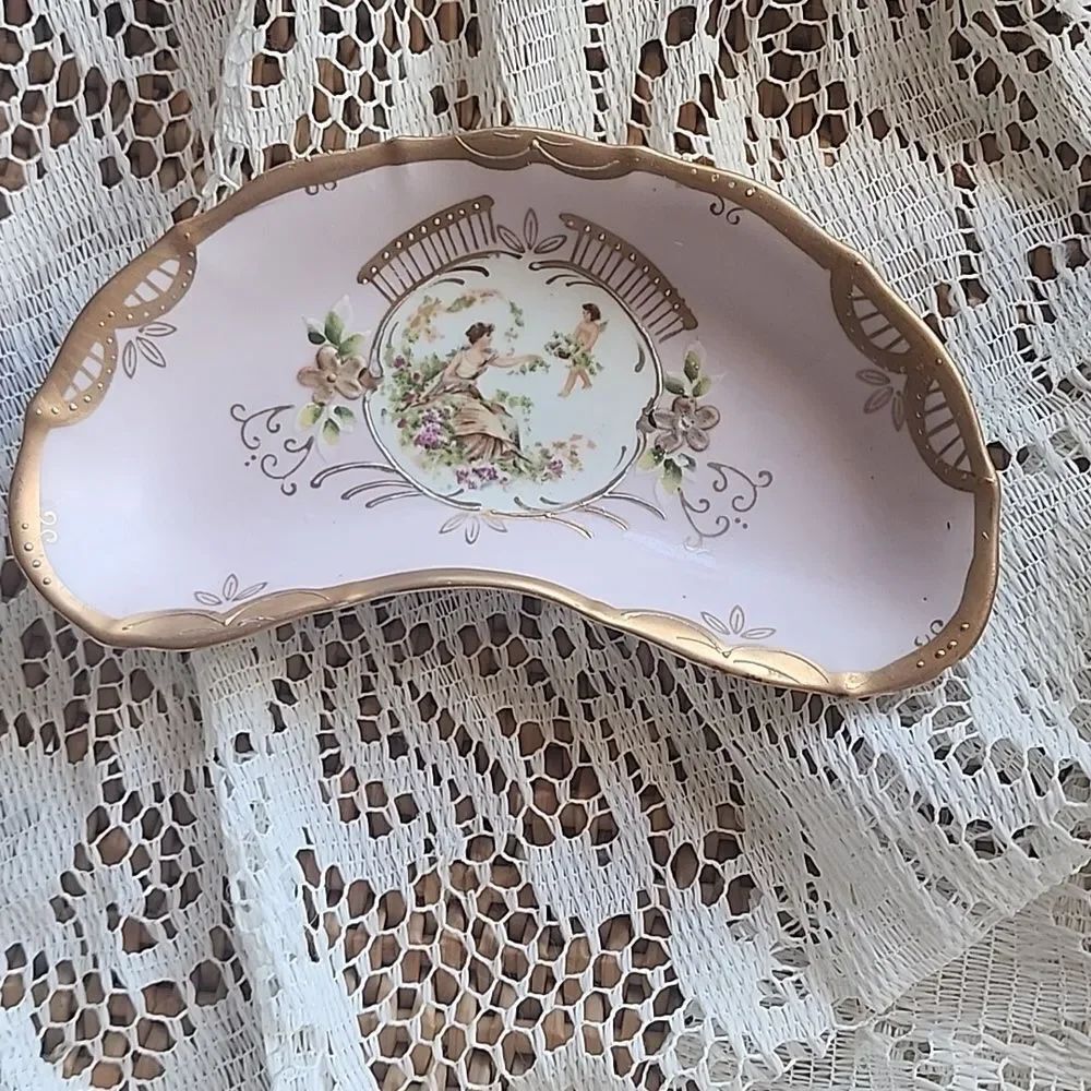 Vintage Handpainted Floral Cherubim Pink Gold Tone Accent Trinket Dish